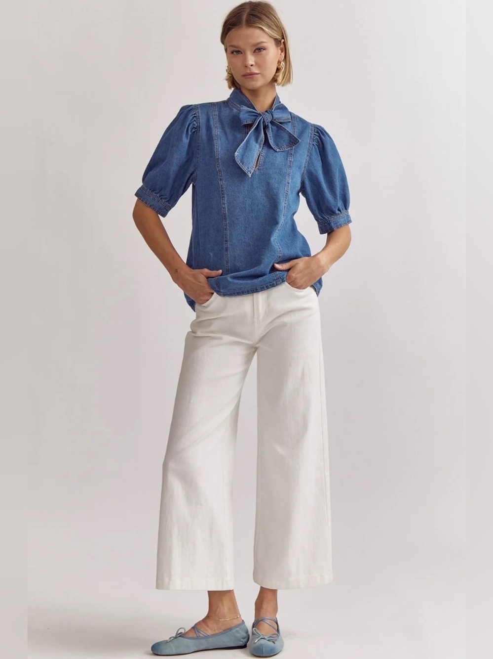 Entro Denim Mock Neck Tie Puff Sleeve Top Women’s Size M